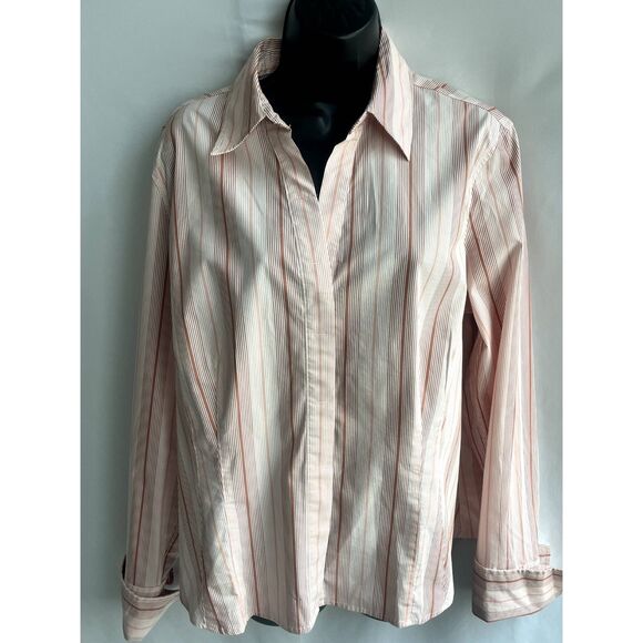 Bass Stretch Button Down Striped Blouse Long Sleeve Size XL Barbiecore Pink Cute - Picture 1 of 8